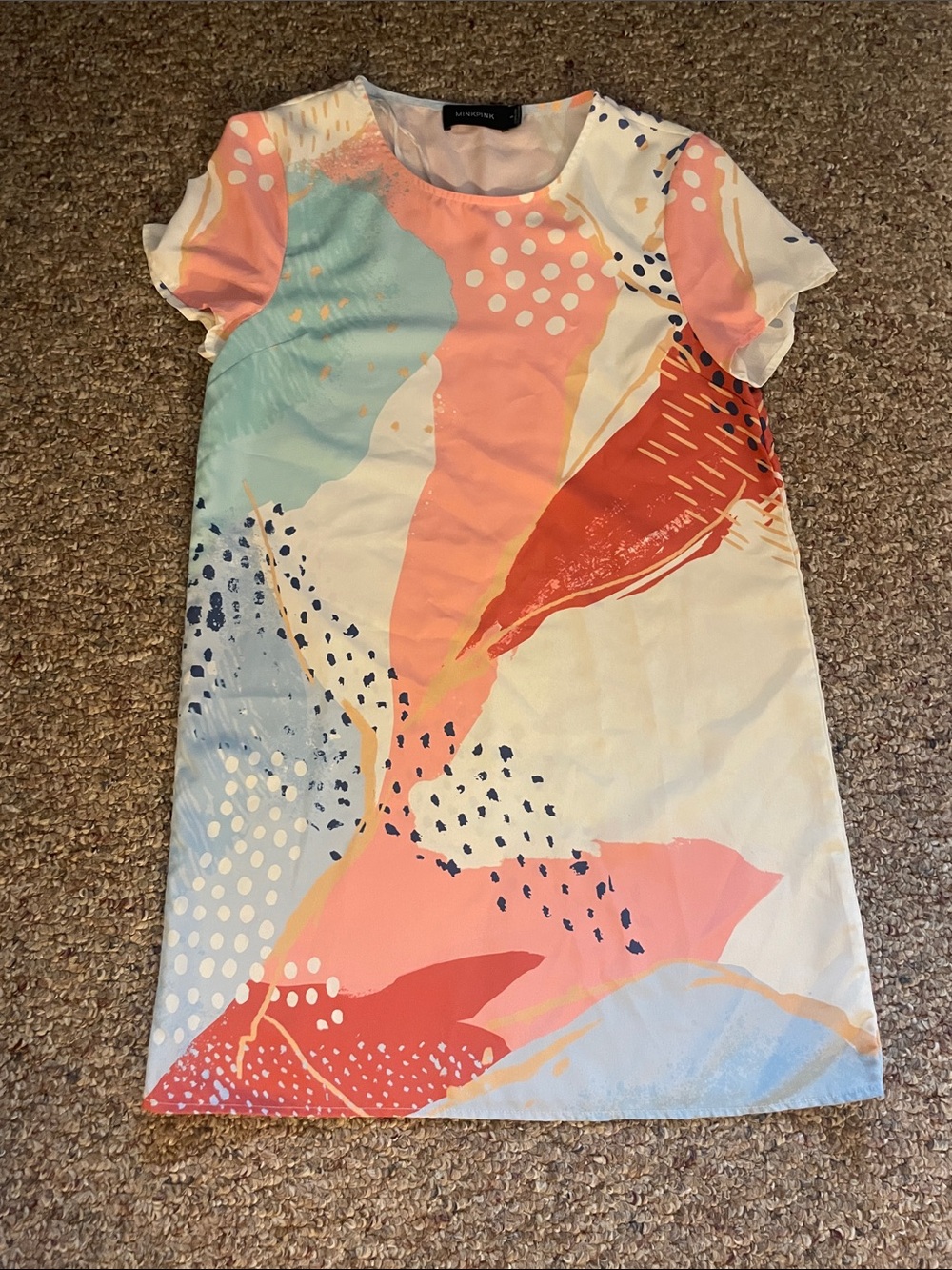 MINKPINK Coral, Light Blue & Cream Abstract Short-Sleeve Mini Dress